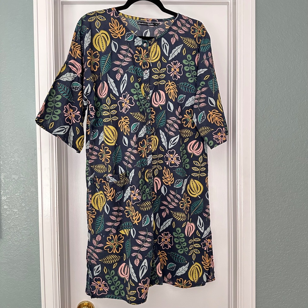 Gudrun Sjoden Shirt Dress Floral Organic Cotton Lagenlook Artsy Size Medium